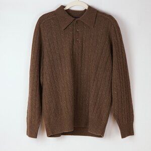 Davis & Squire Cable Knit 100% Cashmere Polo Sweater Chocolate Brown - Medium